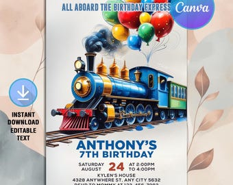 Train Birthday Invitation,Train Party Invitation,Train All Aboard Birthday Express Party,Train Invite,Instant Download,Editable Canva
