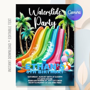 Waterslide Birthday Invitation,Water Slide Invitation,Summer Pool Party,Water Slide Bash Party,Instant Download,Editable Canva