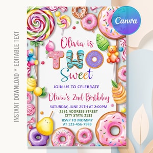 Two Sweet Birthday Invitation,Two Sweet Birthday,2nd Birthday Invite,Girl Birthday,Dessert Donut Ice Cream Candy Invitation,Editable Canva