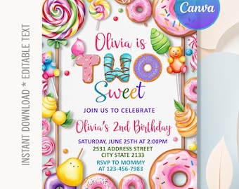 Two Sweet Birthday Invitation,Two Sweet Birthday,2nd Birthday Invite,Girl Birthday,Dessert Donut Ice Cream Candy Invitation,Editable Canva