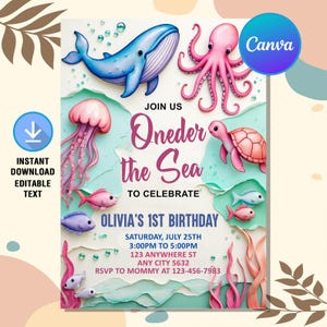 Oneder the Sea Birthday Invitation,Under the Sea Invitation,1st Birthday,Ocean Animals Invite,Instant Download,Editable Canva