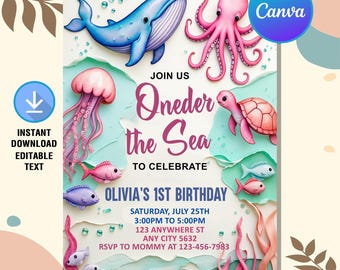 Inbjudan till födelsedag "Oneder the Sea", inbjudan till under havet, 1-årsdag, inbjudan till havsdjur, direktnedladdning, redigerbar canvas