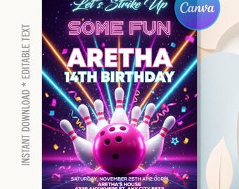 Bowling Birthday Invitation,Girls Bowling Birthday Party,Pink Bowling Party,Pink Bowling Glow Invite,Instant Download,Editable Canva