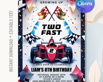 Two Fast Birthday Invitation,Race Car Birthday Party,Two Fast Party Invite,2nd Birthday Invite Any Age,Editable Canva Template