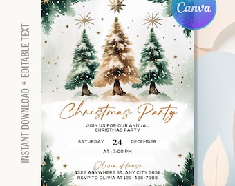 Może przedstawiać: Zaproszenie na przyjęcie bożonarodzeniowe z akwarelowym wzorem. Zaproszenie zawiera trzy choinki, złote gwiazdy i tekst "Christmas Party". Data to 24 grudnia o godzinie 19:00. Zawiera również tekst "Natychmiastowe pobieranie * Edytowalny tekst".
