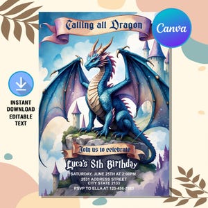 Invitación de cumpleaños de dragón, invitación de cumpleaños de dragón de fantasía, invitación de dragón, fiesta de dragón en el castillo, descarga instantánea, texto editable en Canva