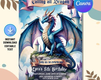 Faire-part d'anniversaire dragon, Faire-part d'anniversaire dragon fantastique, Faire-part dragon, fête des dragons au château, téléchargement immédiat, texte modifiable sur toile