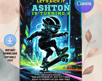 Könnte beinhalten: Eine lebendige Einladung mit einer Neon-Illustration einer Figur, die in einer futuristischen Stadt skateboardt. Der Text lautet "Let's Kick It, Ashton is Turning 8." Enthält Eventdetails und ein Canva-Logo.