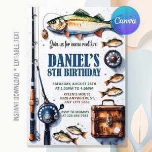 May include: A fishing-themed birthday invitation with a watercolor illustration of a fish, fishing rod, and tackle box. The invitation reads "Daniel's 8th Birthday" with event details and "Join us for some reel fun!" in a playful font.