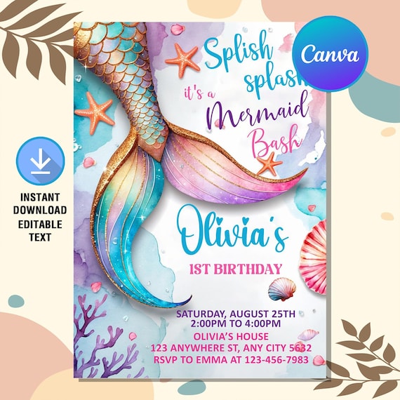 Mermaid Birthday Invitation,Mermaid Bash Invite,Under the Sea Birthday Party,Mermaid Invitation,Instant Download,Editable Canva