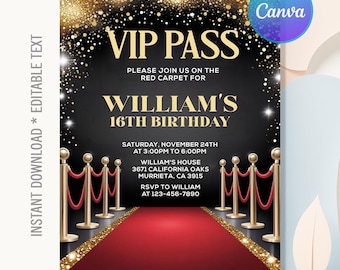 VIP Pass Red Carpet Birthday Invitation,Red Carpet Event Hollywood Party,VIP Pass Birthday Party,Instant Download,Editable Canva