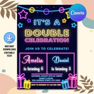 Double Celebration Birthday Invitation,Double Birthday Invite,Joint Birthday,Sibling Birthday Party,Instant Download,Editable Text Canva