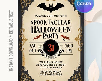 May include: A Halloween party invitation with a vintage design. The invitation features a black bat, the words "Spooktacular Halloween Party", and the date October 31st. The invitation includes the time, address, and RSVP information.
