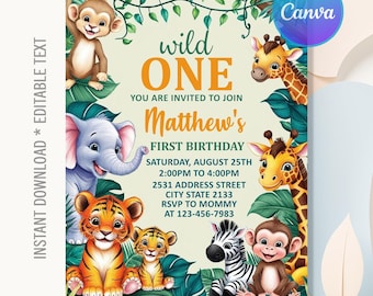 Invitación de cumpleaños de Wild One, cumpleaños de Wild One, primer cumpleaños de safari, invitación de safari, invitación de primer cumpleaños de la jungla, Canva editable
