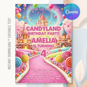 Puede incluir: Una invitación rosa para una fiesta de cumpleaños de Candyland con un castillo caprichoso, piruletas y globos. La invitación dice "Candyland Birthday Party" e incluye el nombre "Amelia" y el número "4". También es visible el texto "Descarga instantánea * Texto editable".