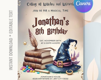 Wizards heksen verjaardagsuitnodiging, magische school tovenarij verjaardag, Wizardry verjaardagsfeestje, instant download, bewerkbare canva