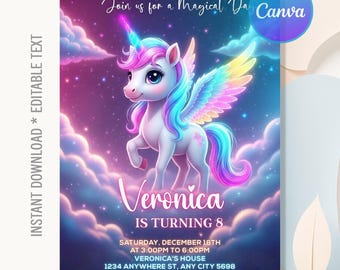 Unicorn Birthday Invitation,Rainbow Unicorn Birthday Party,Unicorn Invitation,A Magical Day Party,Instant Download,Editable Canva