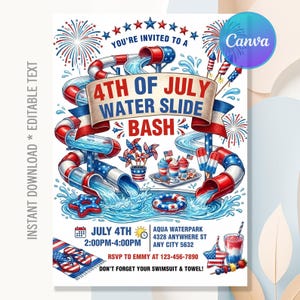 Invitación para fiesta acuática del 4 de julio, fiesta en la piscina del 4 de julio, fiesta de verano, Día de la Independencia, descarga instantánea, texto editable en Canva