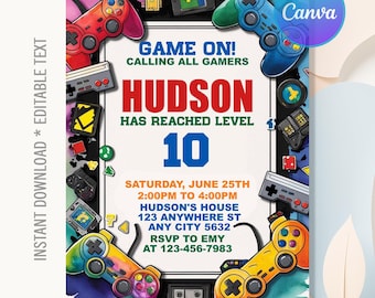 ビデオゲームの誕生日招待状、ゲームの誕生日招待状、ビデオゲームパーティー、ゲーム招待状、レベルアップゲームの誕生日パーティー、編集可能なCanva