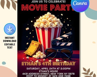Movie Party Birthday Invitation,Movie Party Invitation,Movie Party Birthday,Movie Birthday Invite,Instant Download,Editable Canva
