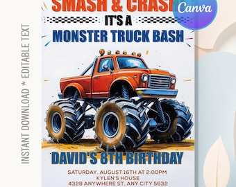May include: A digitally illustrated invitation for a monster truck-themed birthday party. The design features a red monster truck with large tires. Text includes "SMASH & CRASH," "MONSTER TRUCK BASH," and details for David's 8th birthday.