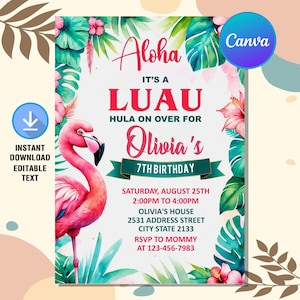 Aloha Luau Birthday Invitation,Luau Invitation,Aloha Party,Tropical Birthday,Hawaiian Invitation,Instant Download,Editable Text Canva
