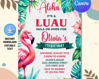 Aloha Luau Birthday Invitation,Luau Invitation,Aloha Party,Tropical Birthday,Hawaiian Invitation,Instant Download,Editable Text Canva
