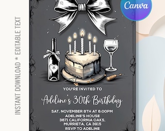 Black Bow Birthday Invitation,Black Bow Coquette Black and White Cake Invite 30th Birthday 40th,50th,Any Age,Instant Download,Editable Canva