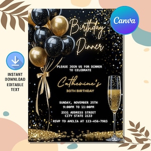 Birthday Dinner Invitation,Dinner Invitation,Black Golden Diamond Evite For Men and Women,Instant Download,Editable Canva
