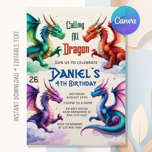 Invitación de cumpleaños de dragón, invitación de cumpleaños de dragón de fantasía, invitación de dragón, fiesta de cumpleaños de dragón, descarga instantánea, texto editable en Canva