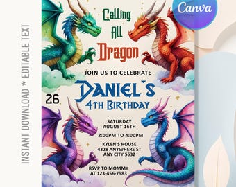Faire-part d'anniversaire dragon, Faire-part d'anniversaire dragon fantastique, Faire-part dragon, fête d'anniversaire Dragon, téléchargement immédiat, texte modifiable sur toile