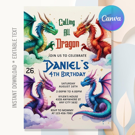 Dragon Birthday Invitation,Fantasy Dragon Birthday Invitation,Dragon Invitation,Dragon Birthday Party,Instant Download,Editable Text Canva