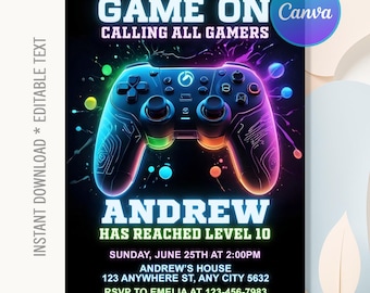 Video Game Birthday Invitation,Level Up Game Birthday Party,Glow Video Game,Neon Glow Invite,Game Invitation,Instant Download,Editable Canva