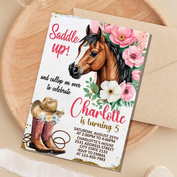 Cowgirl Birthday Invitation,horse Birthday Invite,cowgirl Horse