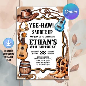 Cowboy Rodeo Birthday Invitation,Cowboy Birthday Party,Retro Wild West,Country Western Invite,Instant Download,Editable Canva