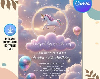 Invito di compleanno a tema unicorno, invito per la giornata magica a tema unicorno, festa di compleanno a tema unicorno, invito a tema unicorno glitter, download immediato, modificabile su Canva