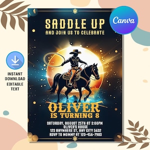 Cowboy Birthday Invitation,Cowboy Rodeo Birthday Party,Retro Wild West invite,Cowboy Invitation,Instant Download,Editable Canva