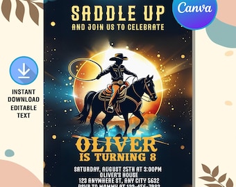 Cowboy verjaardagsuitnodiging, cowboy rodeo verjaardagsfeestje, retro wilde westen uitnodigen, cowboy uitnodiging, instant download, bewerkbare canva