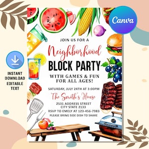 May include: A colorful invitation for a neighborhood block party, featuring watercolor illustrations of watermelon, corn, and a burger. The text reads "Neighborhood Block Party" with details for the event, including date, time, and RSVP information.