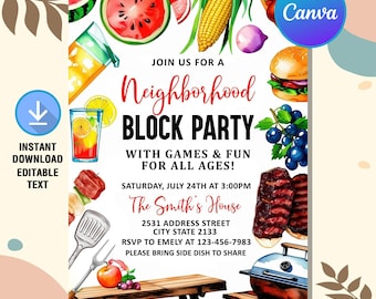 Neighborhood Block Party Invitation,BBQ Invitation,Neighborhood Block Party,Block Party Invite,Instant Download,Editable Canva