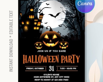 May include: A Halloween party invitation with a spooky theme. The design features a haunted house, jack-o'-lanterns, bats, and a full moon. The text reads "Halloween Party" and includes the date, time, and location.