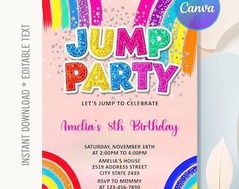Jump Party Geburtstagseinladung, Sprung-Geburtstagsfeier, Trampolin-Party, Sprung-Bolzen-Party Regenbogen einladen, sofortiger Download, bearbeitbare Leinwand
