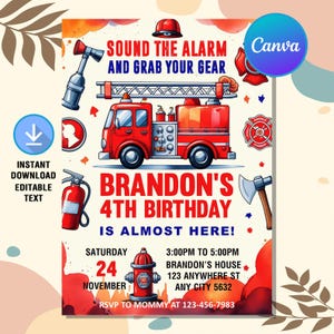 Fire Truck Birthday Invitation,Fire Engine Invitation,Firefighter Birthday invite,Firetruck Invitation,Instant Download,Editable Canva