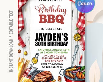 BBQ Birthday Invitation,Birthday BBQ Party,Barbecue Grill and Chill Invite,BBQ Red Gingham Party,Instant Download,Editable Canva
