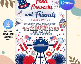 4th Of July BBQ Invitation,Independence Day Party In USA Invite,July Fourth Food Friend and Firework,Bbq Invite,Editable Canva Template