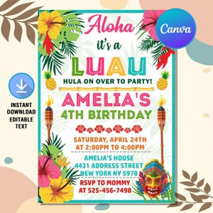 May include: A colorful luau-themed birthday party invitation for Amelia's 4th birthday. The invitation features a tropical design with palm leaves, flowers, and a tiki mask. It includes the date, time, and location of the party, as well as a request to RSVP to Mommy at the provided phone number.
