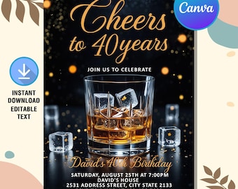 Whiskey Birthday Invitation,Whiskey Invitation,Adult Men Birthday Party,Surprise Party,30th 40th 50th Any Age,Editable Canva Template