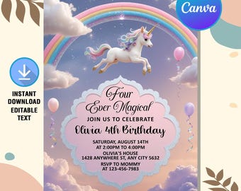 Fyra magiska inbjudningar, enhörningsfödelsedagsinbjudan, enhörnings 4-årsdag, regnbågens enhörningsfest, direktnedladdning, redigerbar canvas