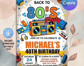 80s Birthday Invitation,80s Birthday Party,Back To The 80s,Throwback Party,40th Birthday Any Age,Instant Download,Editable Canva
