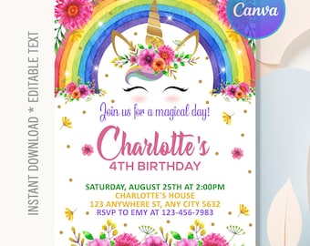 May include: A colorful invitation featuring a unicorn design with a rainbow, flowers, and gold accents. The text reads "Join us for a magical day!" and announces "Charlotte's 4th Birthday" with event details. The Canva logo is visible.